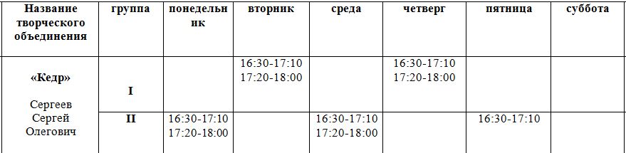 Расписание занятий объединения "Кедр" на 2022-2023 учебный год.